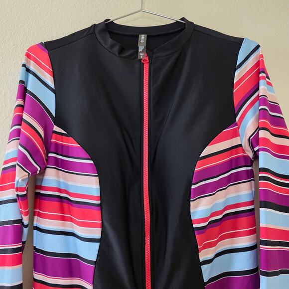 Torrid One Piece Rash Guard Swimsuit Black Multicolor Stripe Women Size 0 Zip - Picture 2 of 12